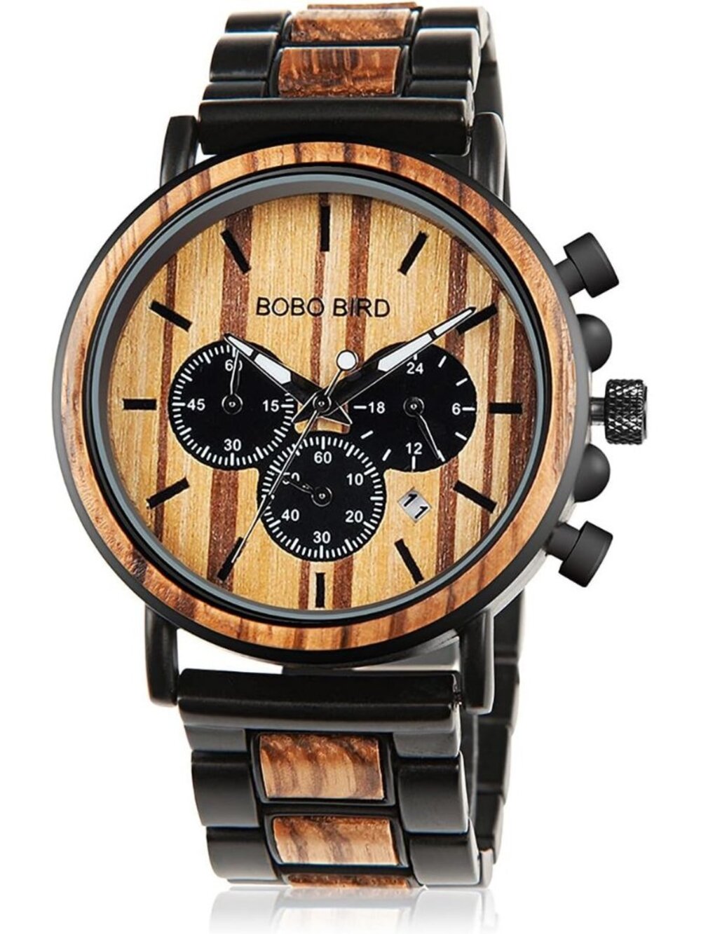 Men's Black Watches Wood & Stainless Steel Combined Chronograph Military Quartz